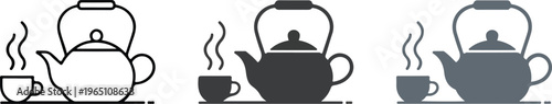Set of minimalist teapot and tea cup icons in outline silhouette and colorful grey flat vector beverage styles.