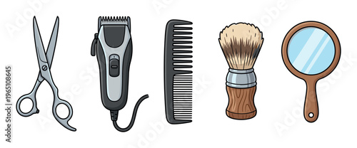 Barber tools, hairdresser equipment, and grooming accessories are neatly displayed, representing the essential instruments for professional hair cutting, styling, and personal care services.