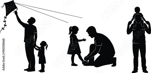 Vector silhouette set of a father playing with children, flying a kite, tying shoelaces, and carrying son on his shoulders.