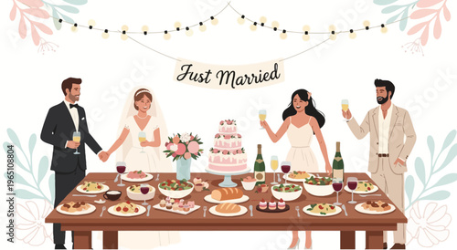 Happy Newlyweds Celebrating Wedding Reception Dinner with Friends and Family