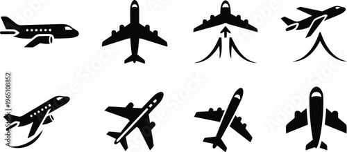 Set of black airplane silhouettes and commercial jet icons including takeoff landing and various flight angles for aviation industry design.