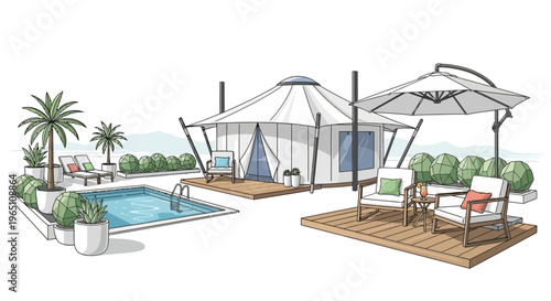 Luxury Glamping Tent with Pool, Lounge Area, and Palm Trees - Outdoor Resort Illustration