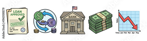 Financial concepts like loan approval, currency exchange, banking, money, and a declining graph illustrate various aspects of economic activity.