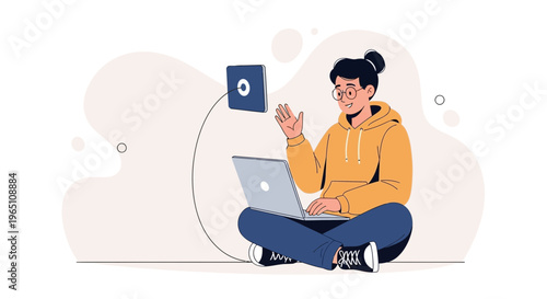Young person with laptop and tablet, waving hello, remote work concept