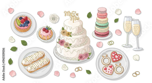 Elegant Wedding Dessert Spread: Tiered Cake, Pastries, Macarons, Cookies & Champagne