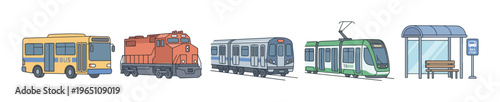 Public transportation vehicles and a bus stop illustration featuring a bus, train, subway, and tram, representing urban transit options.