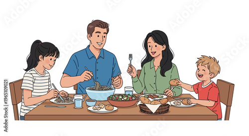 Happy family enjoying a healthy meal together at a wooden table, diverse people eating dinner