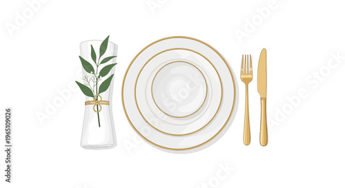 Elegant Gold Rimmed Dinner Plates and Cutlery Setting with Green Leaf Detail