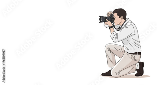 Man Photographer Kneeling Taking Photo with DSLR Camera