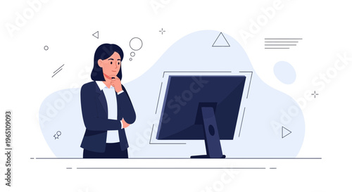 Businesswoman thinking at computer, modern office, strategy, planning, problem solving