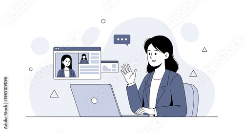Woman waving hello on video call with laptop, online meeting, remote work concept