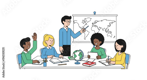 Diverse students in classroom learning geography from teacher pointing at world map