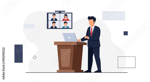 Man presenting online meeting via laptop at podium, video conference screen