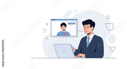 Man in suit video conferencing with colleague on laptop, online meeting, remote work