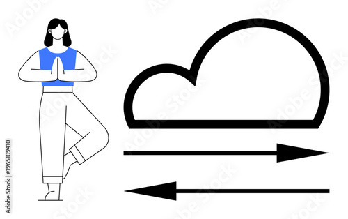 Mindfulness, movement dynamics, cloud storage, yoga, personal growth, energy flow. A woman in a yoga pose next to a cloud shape with arrows. Mindfulness and movement dynamics concept