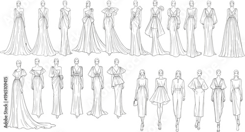 Fashion runway model illustration set featuring elegant evening gowns, haute couture dresses, and stylish female silhouettes in detailed line art vector design