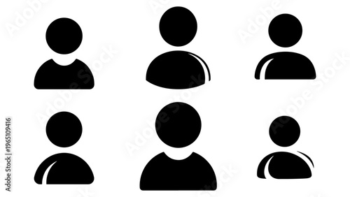 Set of six black silhouette user icons arranged in two rows, symbolizing people, community, and digital identity in a clean, minimalist graphic style