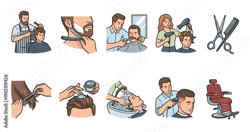 Barber and hairdresser services and tools collection set showcasing professional grooming procedures, from haircuts and shaves to styling and washing, in a modern salon environment.