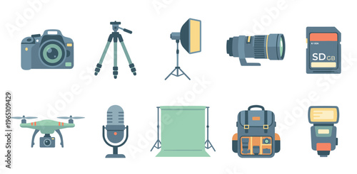 Professional photography and videography equipment including cameras, lenses, and accessories, essential for capturing high-quality images and videos in various settings.