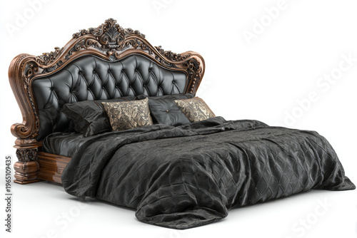 Luxury bed ornate headboard black bedding carved wood classic design elegant bedroom tufted leather baroque style decorative pillow comfort