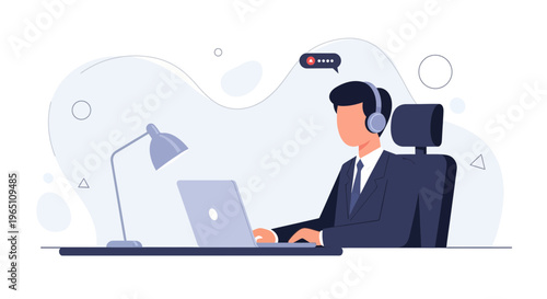 Man in suit with headphones working on laptop, call center, online support, remote work