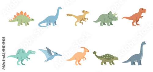 Cute cartoon dinosaurs and prehistoric creatures set in a flat design style, perfect for children's books, educational materials, or playful decorations.