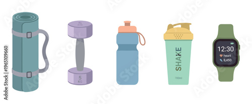 Essential fitness equipment and accessories for a healthy workout, including a yoga mat, dumbbell, water bottle, shaker, and smartwatch, representing a complete wellness routine.
