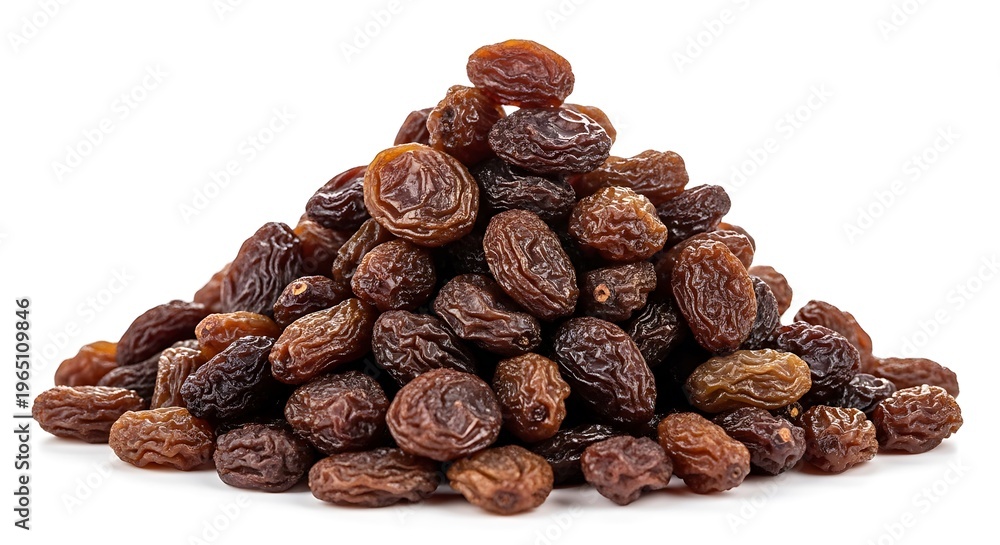 Obraz premium A heap of dried raisins and sultanas displayed on a plain background