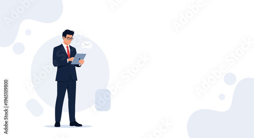 Businessman using tablet, receiving email notification, modern flat illustration