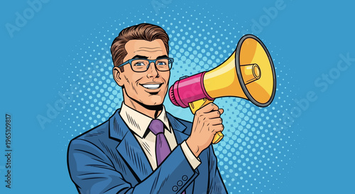 A cheerful businessman in a suit holding a colorful megaphone against a blue background with a pop art style.
