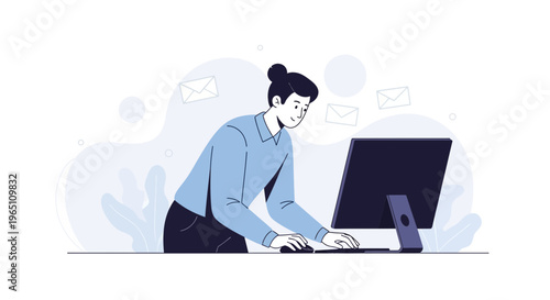 Woman working on computer, sending emails, modern flat illustration