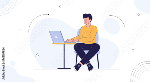 Man Working on Laptop at Desk, Modern Flat Illustration, Remote Work Concept