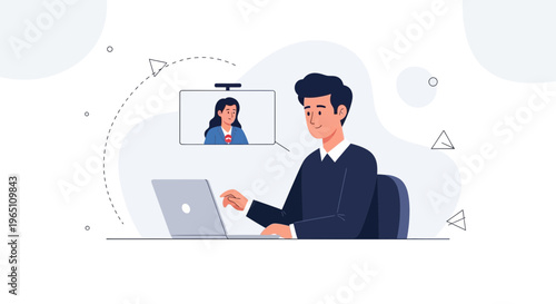Man in Video Conference with Colleague, Remote Work and Online Communication Concept