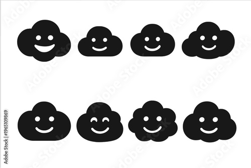 Smiling Cloud Icons. Sky Smile Clouds. Filled icon set of Sky Smile Clouds: beaming cloud, tiny-smile cloud,