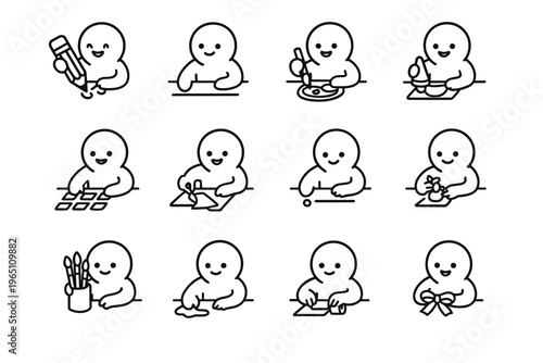 Creative Icon Celebrations. Cute characters celebrating creative wins. Line outline icon set of cute