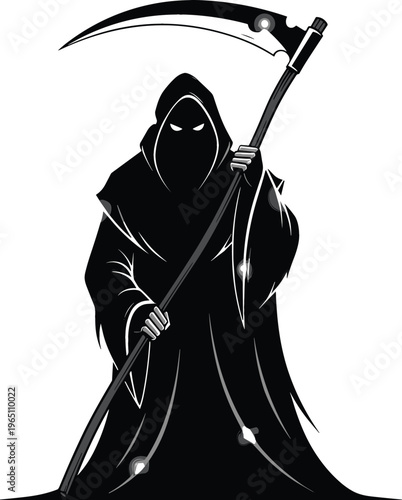 Grim reaper silhouette illustration featuring hooded figure with scythe in dark minimalist style for horror, death, and gothic vector design