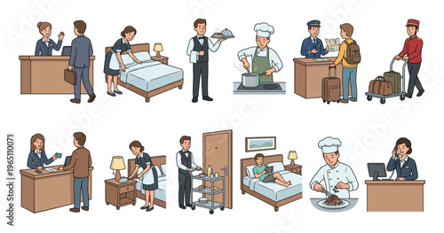 Hotel staff and guests engaging in various activities related to hospitality services, including check-in, room service, cleaning, and dining.
