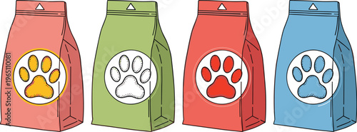 Pet food packaging collection with colorful bags and paw prints animal nutrition product vector illustration set
