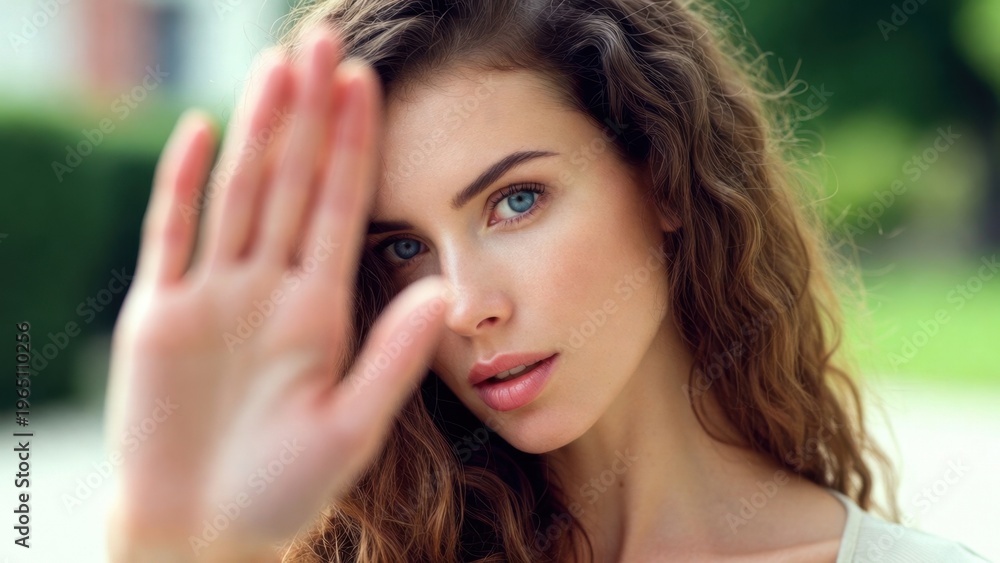 Fototapeta premium Young woman shielding face with hand in outdoor setting