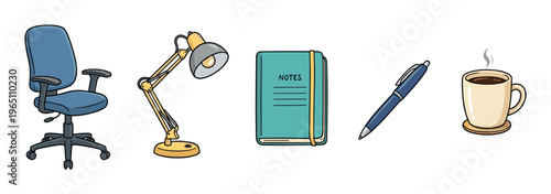 Collection of essential office and study supplies for a productive workspace, depicted in a friendly and colorful cartoon illustration.