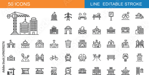 Urban infrastructure and city buildings icons set, construction architecture public places and cityscape symbols modern line vector illustration