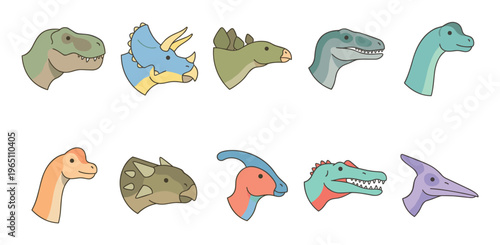 Ten colorful cartoon dinosaur heads are arranged in two neat rows, showcasing various prehistoric species with friendly expressions and distinct features.