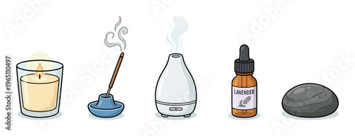 Curated collection of wellness and spa elements, featuring a lit candle, burning incense, and essential oil diffuser, promotes tranquility.