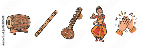 Dholak, bansuri, sitar, dancer, and clapping hands form a vibrant collection of elements representing Indian music, dance, and cultural celebration.