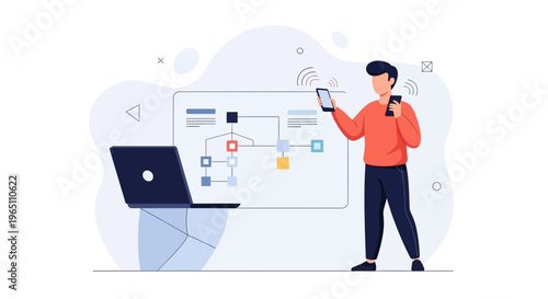 Man presenting flowchart on screen with laptop and phones, business strategy concept