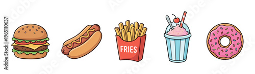 Delicious fast food and dessert items in a row, including a hamburger, hot dog, french fries, milkshake, and donut, presented in a vibrant cartoon style.