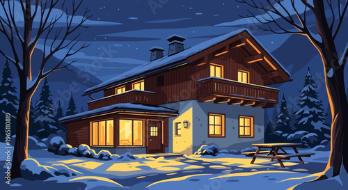 Cozy snow-covered chalet at dusk with warm lighting and picnic table in a serene winter landscape