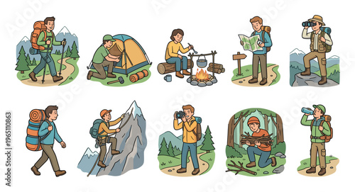 People enjoying various outdoor activities and camping adventures, including hiking, climbing, setting up tents, and cooking over a campfire, illustrated in a cartoon style.