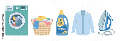 Laundry day essentials collection featuring a washing machine, full basket, detergent bottle, clean shirt, and an iron for household chores.