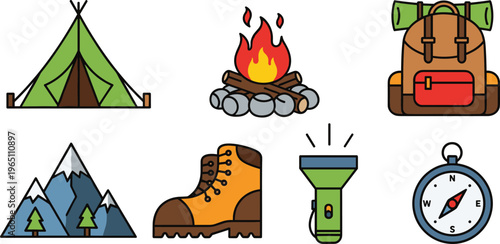 Camping and Outdoor Adventure Icons Set Featuring Tent, Campfire, Backpack, Mountains, Hiking Boots, Flashlight, and Compass for Nature and Wilderness Exploration